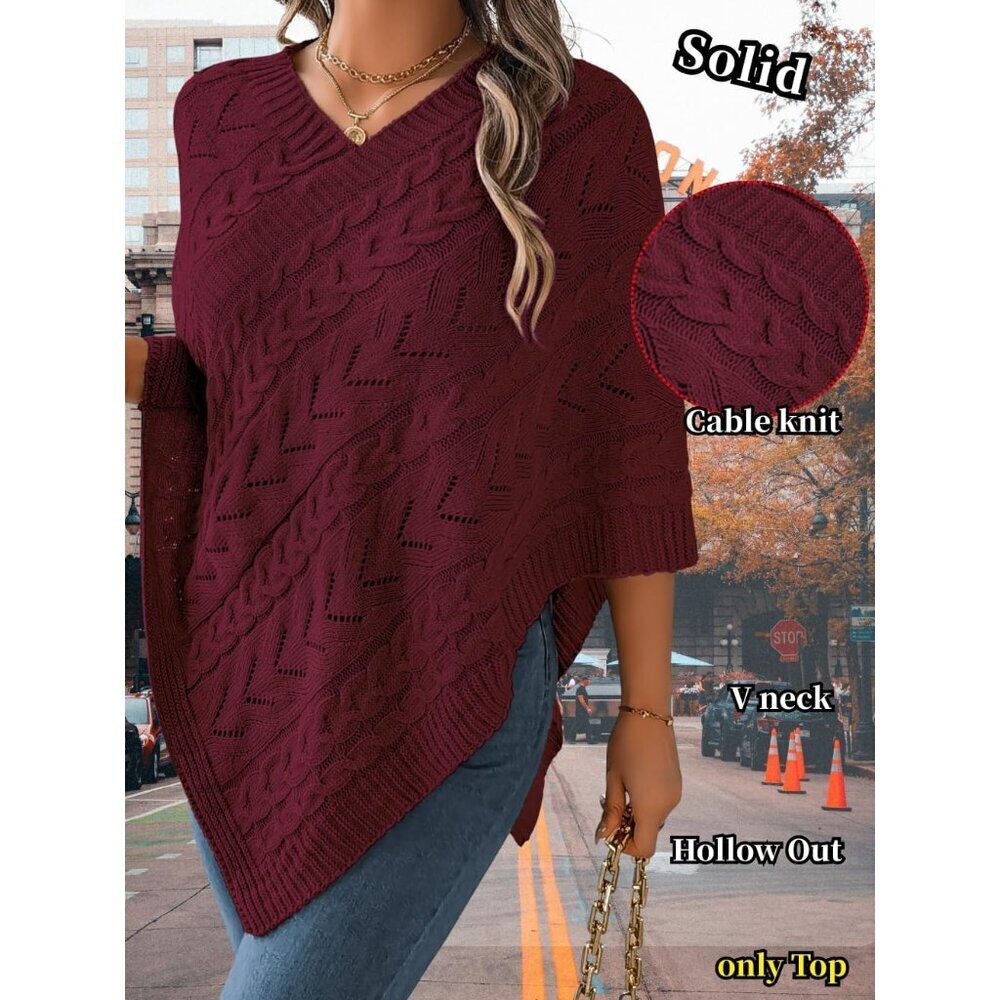 Women Knit Poncho Sweater Irregular Hollow Out Cape Top Casual Fall Winter - Picture 2 of 7